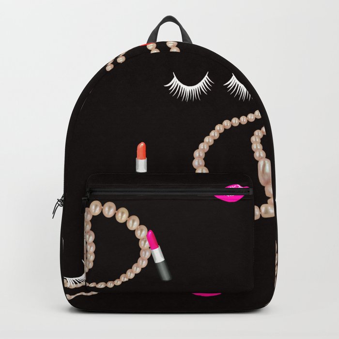 Make up lover gift idea.Make up ,cosmetics pattern.Dark background. Backpack