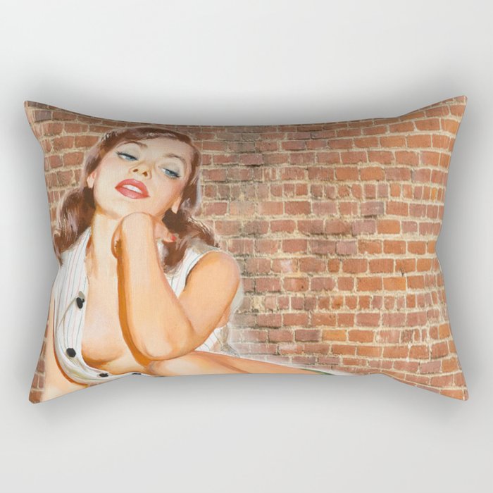 Vintage Pin Up Girl With Two Vinyls, A Green Skirt And Red Nails On A Wall Background Rectangular Pillow