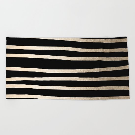 Simply Drawn Stripes White Gold Sands on Midnight Black Beach Towel