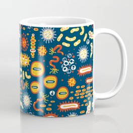 Seamless pattern with different kinds of microorganisms on dark blue background. Viruses. Bacteria biology organisms seamless pattern. Coffee Mug | Biology, Abstract, Illustration, Drawing, Pattern, Bacterium, Art, Virus, Bacillus, Bacterial 
