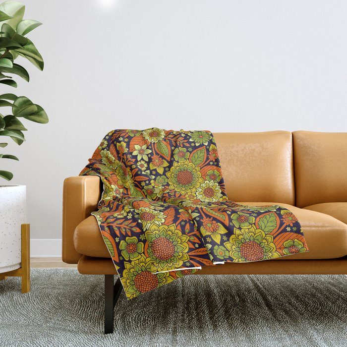 Green Orange Yellow Dark Purple Floral Pattern Throw Blanket