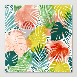 Tropical Garden, Botanical Colorful Jungle Watercolor Painting, Monstera Palm Nature Blush Bohemian Canvas Print