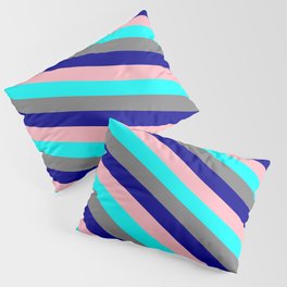 [ Thumbnail: Aqua, Gray, Dark Blue, and Light Pink Colored Striped Pattern Pillow Sham ]
