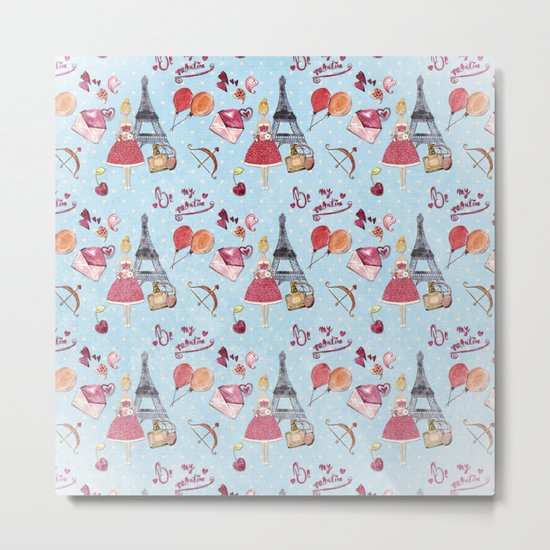 Love and Valentine in Paris France- Elegance Shopping Girly in pink on blue polkadots Metal Print