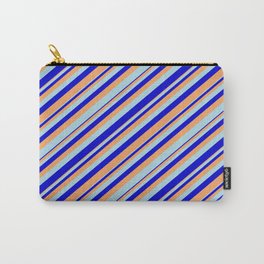 [ Thumbnail: Brown, Light Blue, and Blue Colored Lines Pattern Carry-All Pouch ]