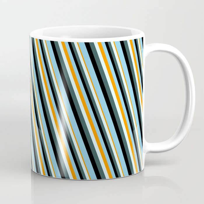 Eyecatching Dark Orange, Light Cyan, Dark Slate Gray, Black, and Sky Blue Colored Stripes Pattern Coffee Mug