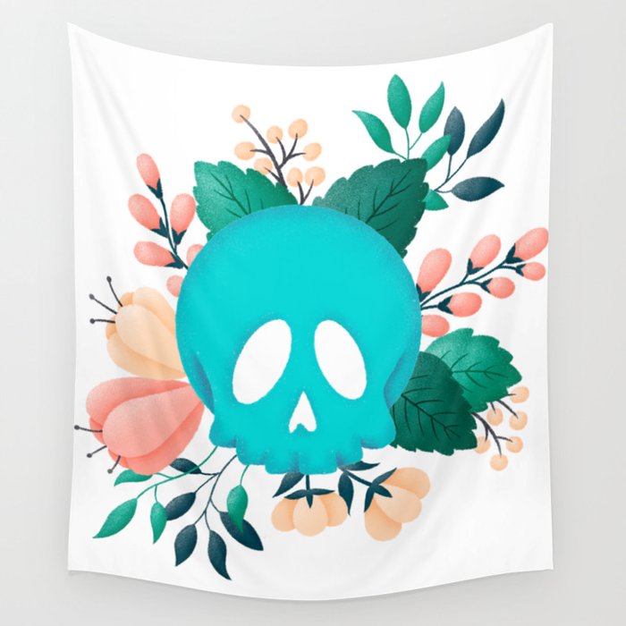 Teal Skull with Floral Adornment Wall Tapestry