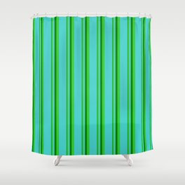 [ Thumbnail: Green, Lime Green, and Turquoise Colored Lines Pattern Shower Curtain ]