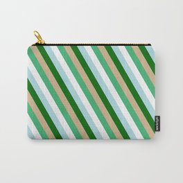 [ Thumbnail: Eye-catching Tan, Sea Green, White, Powder Blue, and Dark Green Colored Pattern of Stripes Carry-All Pouch ]