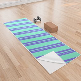 [ Thumbnail: Medium Slate Blue and Aquamarine Colored Lines Pattern Yoga Towel ]