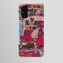 Ginger Cat in Embroidered Red Armchair with Staffordshire Spaniel in Book-Lined Room Interior Painting Android Case