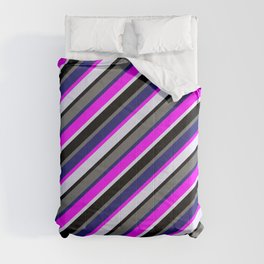 [ Thumbnail: Colorful Fuchsia, Lavender, Black, Dim Grey & Midnight Blue Colored Stripes/Lines Pattern Comforter ]