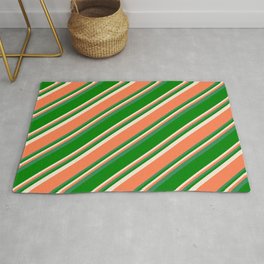 [ Thumbnail: Beige, Coral, Sea Green, and Green Colored Pattern of Stripes Rug ]