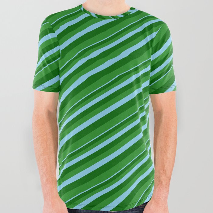 Sky Blue, Dark Green, and Forest Green Colored Lined Pattern All Over Graphic Tee