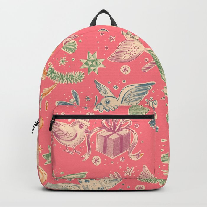 Busy Retro Christmas Birds Pink Backpack