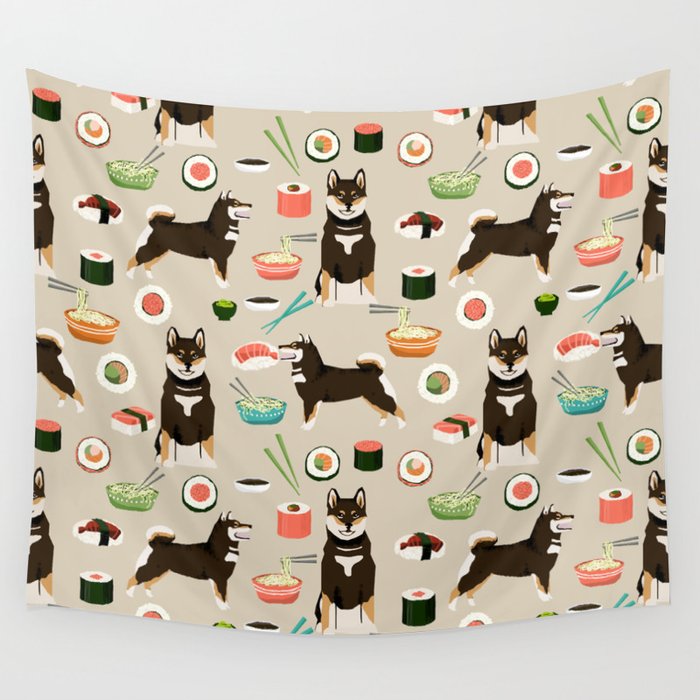 shiba inu sushi black and tan dog breed pet pattern dog mom Wall Tapestry