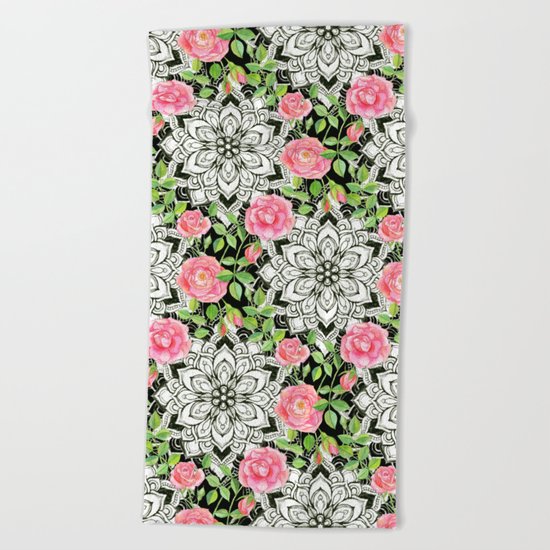 Peach Pink Roses and Mandalas on Black and White Lace Beach Towel