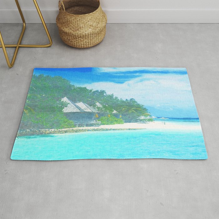 tropical beach houses impressionism painted realistic scene Rug