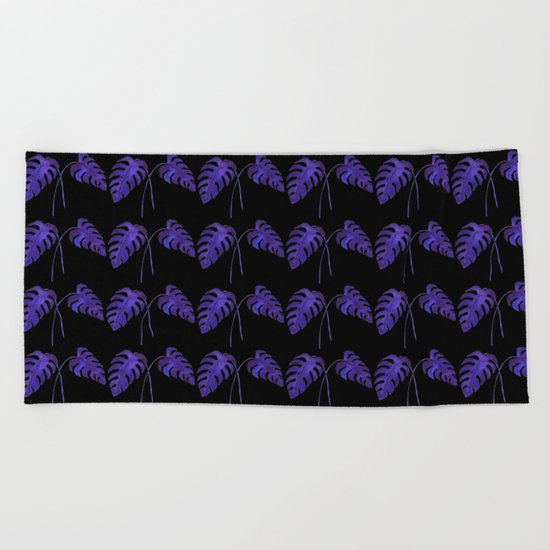 Indigo Monstera Leaf Watercolor on Black Beach Towel