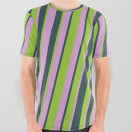 [ Thumbnail: Plum, Dark Slate Gray, and Green Colored Lines Pattern All Over Graphic Tee ]