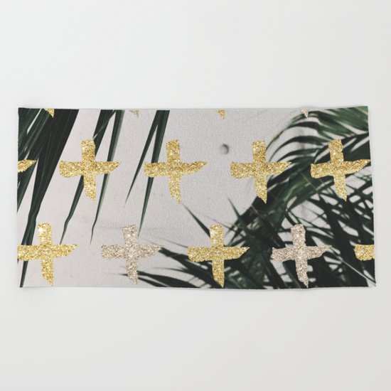 Palms with gold cross Beach Towel