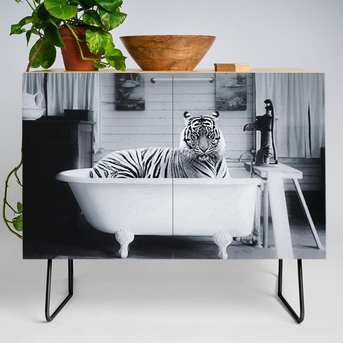 Eye of the Tiger in a vintage claw foot rustic bathtub black and white photograph / photograhy Credenza