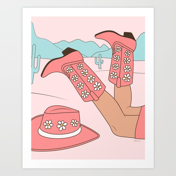Cute Desert Cowgirl Pink Cowboy Boots Daisy Art Print