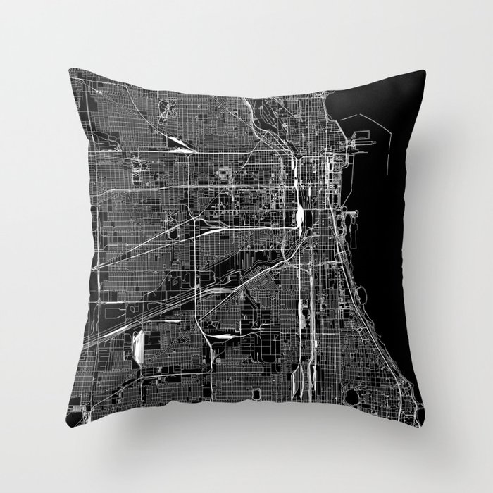 Chicago Black Map Throw Pillow