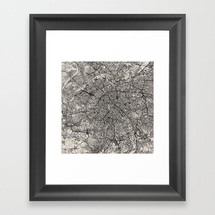 France, Paris City Map - Black and White Aesthetic - French Cities Framed Art Print