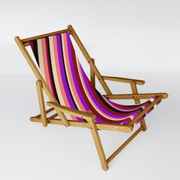 [ Thumbnail: Vibrant Dark Violet, Dark Red, Black, Bisque, and Salmon Colored Stripes Pattern Sling Chair ]