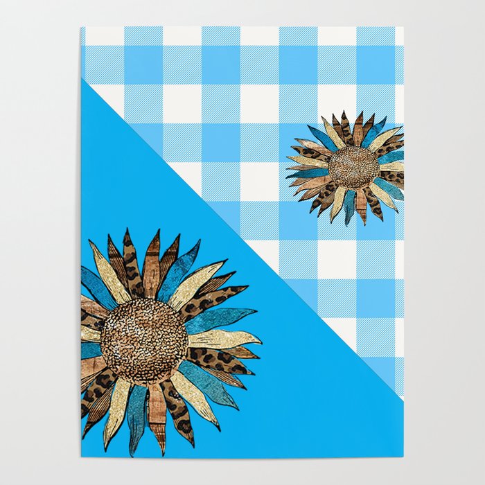 Sunflower in Blue Buffalo Plaid Pattern Poster