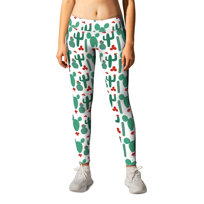 Small Green Cactus Shapes with Red Cactus Flowers Leggings
