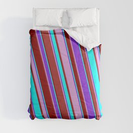 [ Thumbnail: Purple, Plum, Brown, Dark Red & Cyan Colored Lines/Stripes Pattern Comforter ]