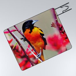 Baltimore Oriole (Icterus galbula) perched on a branch - A small icterid Blackbird common in eastern North America - Bird Art - Amazing Oil painting Picnic Blanket