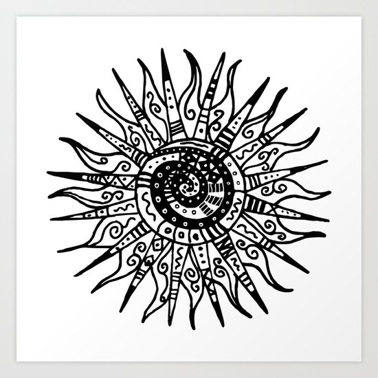 Sun Doodle black and white drawing Art Print