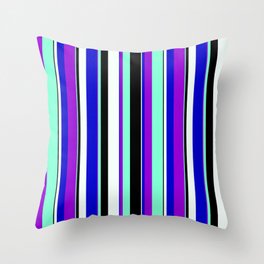 [ Thumbnail: Dark Violet, Aquamarine, Black, Mint Cream & Blue Colored Pattern of Stripes Throw Pillow ]