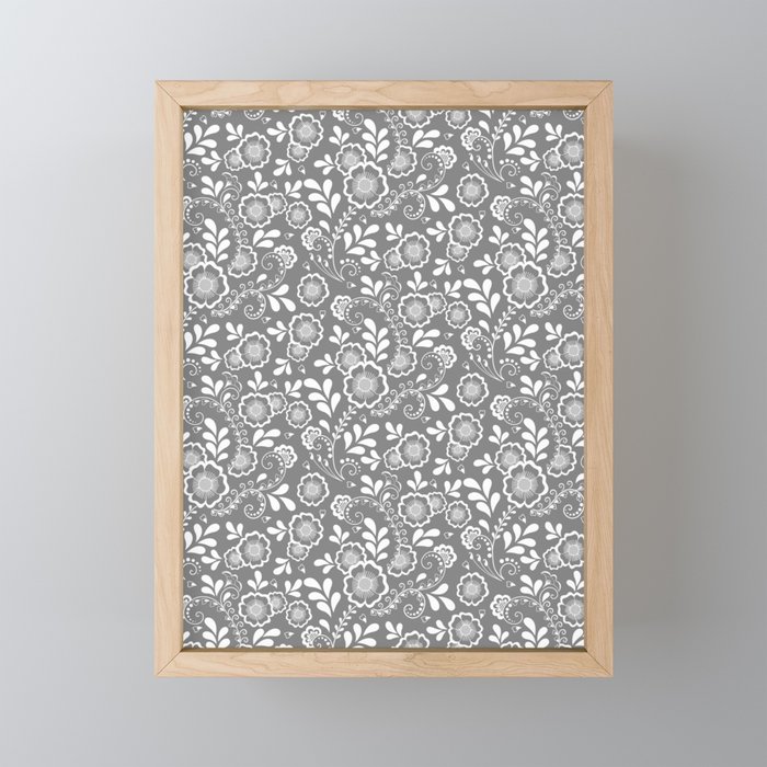 Grey And White Eastern Floral Pattern Framed Mini Art Print