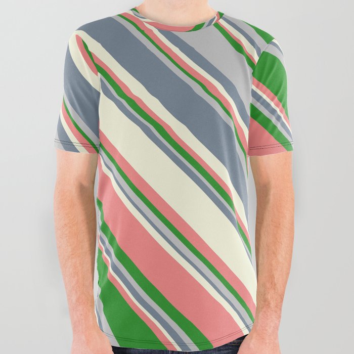 Eye-catching Beige, Light Coral, Forest Green, Grey, and Slate Gray Colored Lined/Striped Pattern All Over Graphic Tee