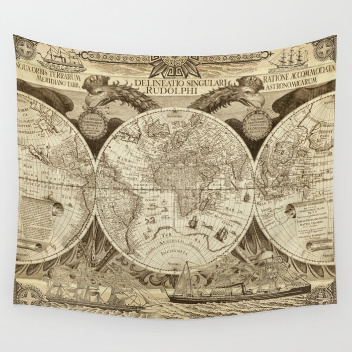 Antique world map with sail ships, sepia Wall Tapestry