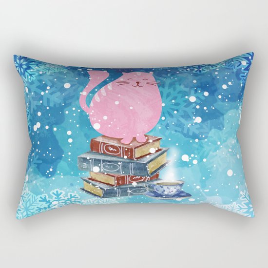 Bookish Cat in Winter Rectangular Pillow