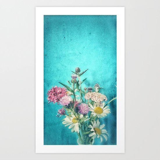 Retro Blue Wild Flowers Art Print