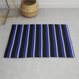 [ Thumbnail: Royal Blue, Black, Midnight Blue & White Colored Striped Pattern Rug ]