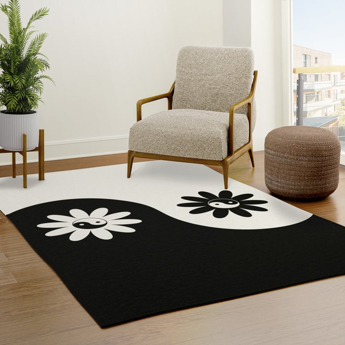Yin Yang Flower In Black White Rug By, Yin Yang Rug Black And White Drawing