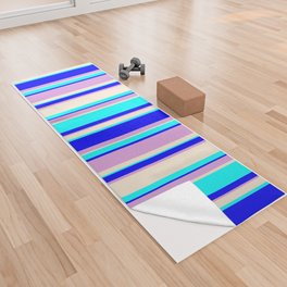 [ Thumbnail: Aqua, Beige, Plum & Blue Colored Lined Pattern Yoga Towel ]