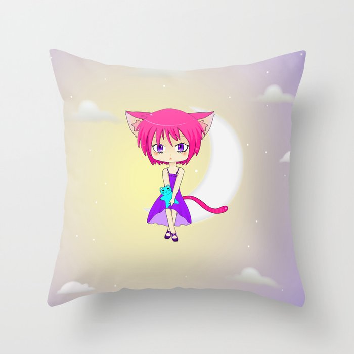 Pink Haired Neko Anime Girl Throw Pillow