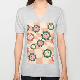Peach 60s Groovy Gingham Happy Face V Neck T Shirt