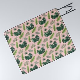 Monstera, Banana Leaves, Palm Leaves Pattern in Blush Pink Picnic Blanket