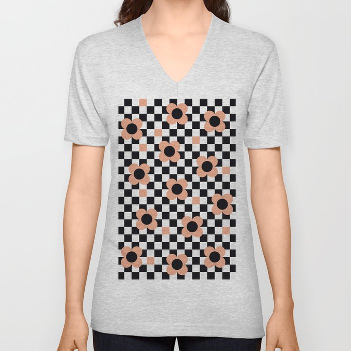 Blooming spring field floral checker pattern # orange pudding  V Neck T Shirt