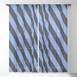 [ Thumbnail: Cornflower Blue & Black Colored Striped/Lined Pattern Sheer Curtain ]