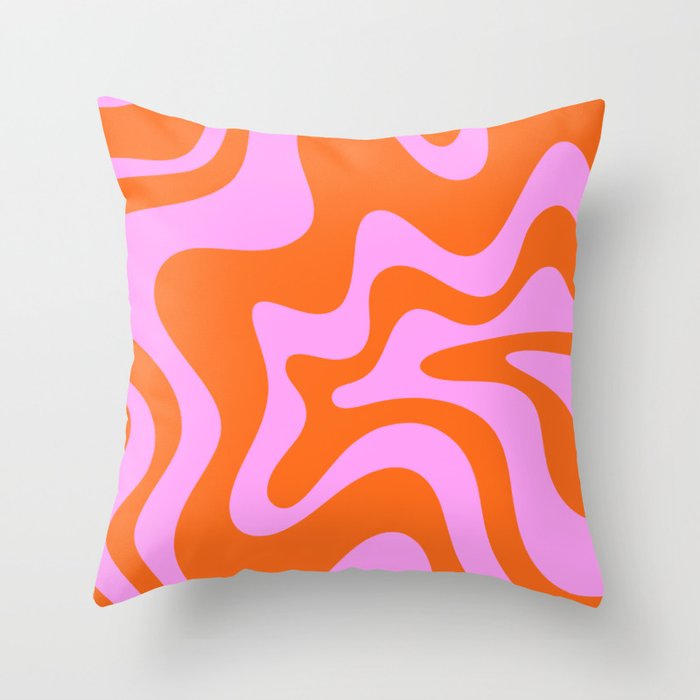 Retro Liquid Swirl Abstract Pattern in Hot Pink and Red-Orange Throw Pillow